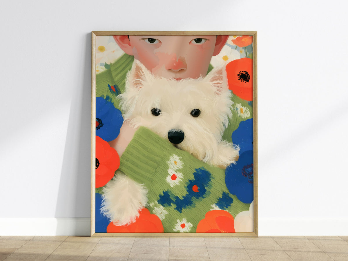 Boy With Westie Poster | Blue and Green Illustrative Art Print | Contemporary Wall Art — framed print on the wall
