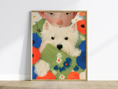 Boy With Westie Poster | Blue and Green Illustrative Art Print | Contemporary Wall Art — framed print on the wall