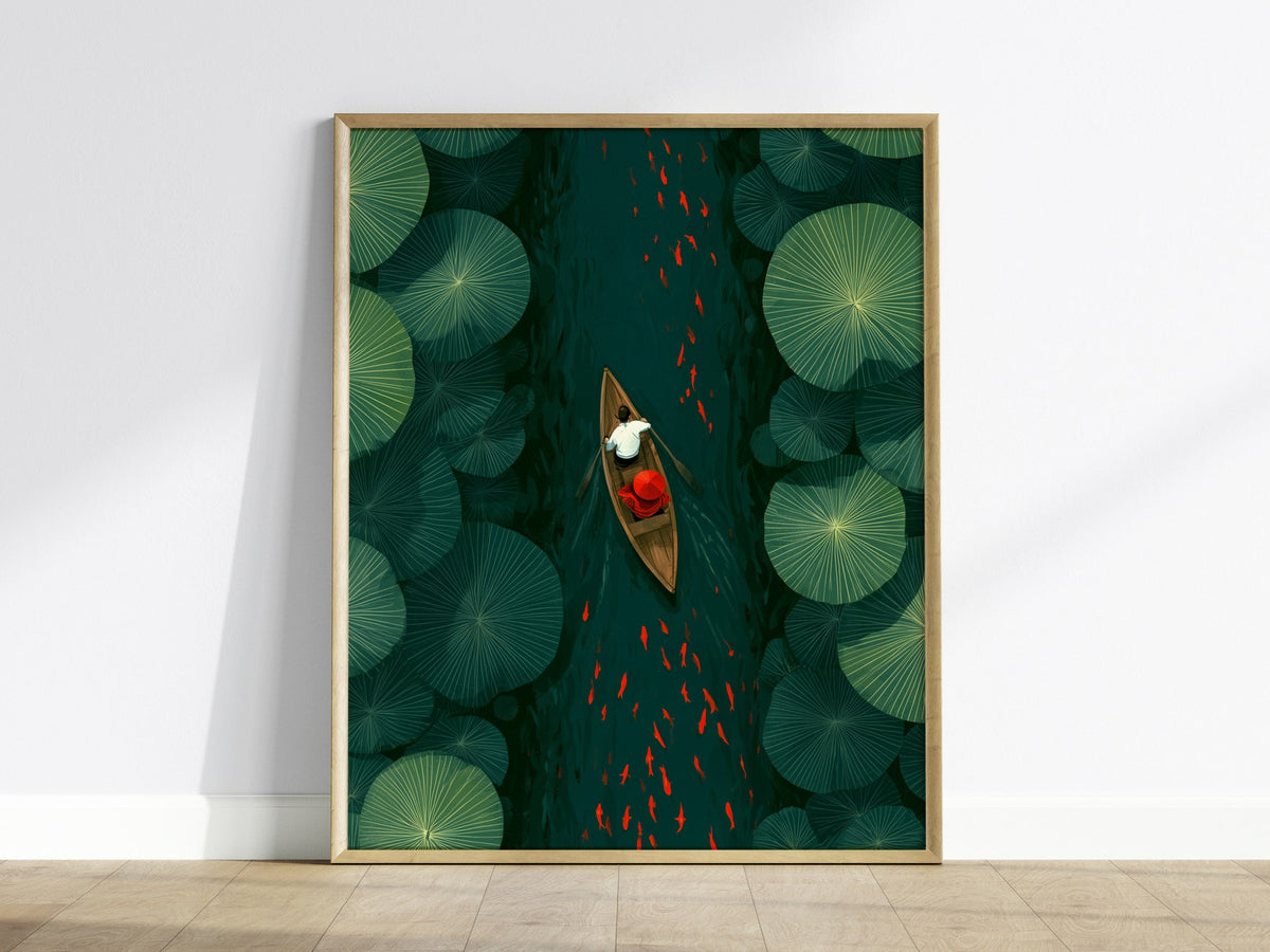 Lily Pad Passage Poster | Forest Green Illustrative Art Print | Botanical Wall Art — framed print on the wall