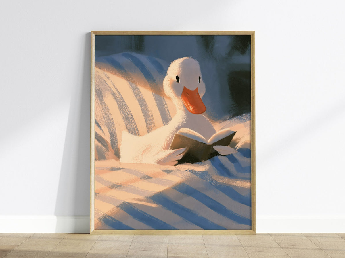 Duck Reads in Bed Poster | Soft Blue Illustrative Art Print | Kids Room Wall Art — framed print on the wall