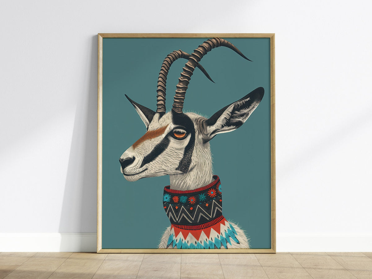 Gazelle Wears Collar Poster | Teal and Gray Illustrative Art Print | Modern Minimalist Wall Art — framed print on the wall