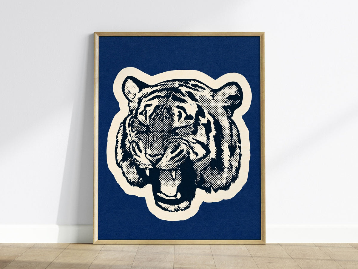 Tiger Roars Blue Poster | Navy and Cobalt Screen Print Art Print | Mid-Century Wall Art — framed print on the wall