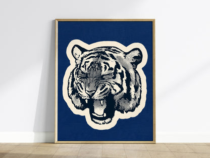 Tiger Roars Blue Poster | Navy and Cobalt Screen Print Art Print | Mid-Century Wall Art — framed print on the wall