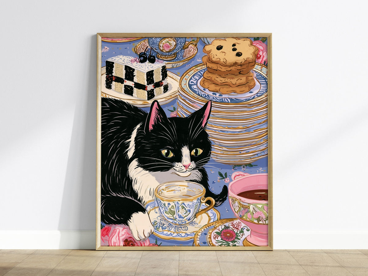 Cat Takes Tea Poster | Pink and Grey-Blue Illustrative Art Print | Kitchen Wall Art — framed print on the wall