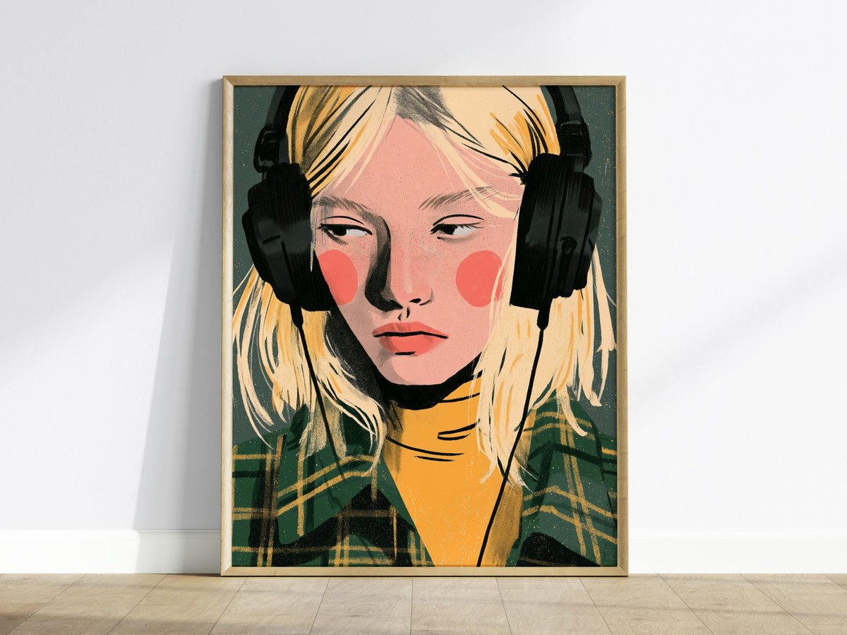 Headphone Hours Poster | Green and Gold Illustrative Art Print | Music Lovers Wall Art — framed print on the wall