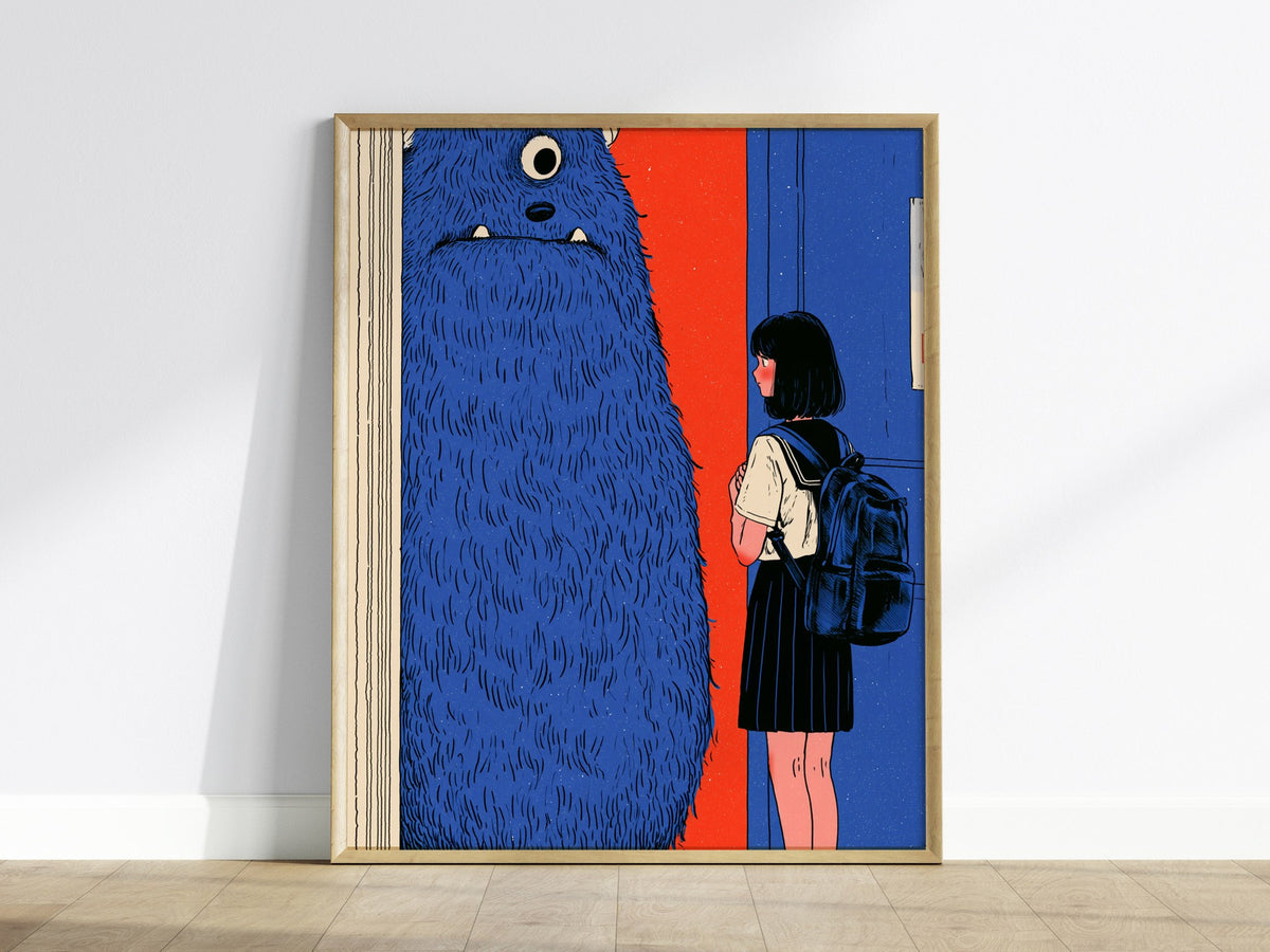 Monster Watches Class Poster | Blue and Orange Illustrative Art Print | Kids Room Wall Art — framed print on the wall