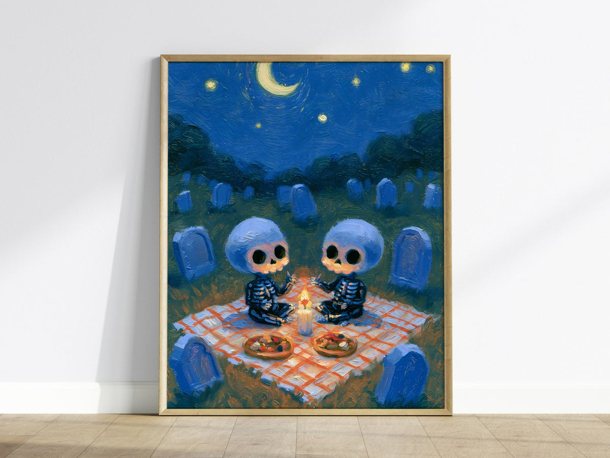 Skeleton Picnic Poster | Cobalt and Red Oil Painting Art Print | Goth Wall Art — framed print on the wall