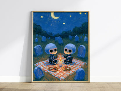 Skeleton Picnic Poster | Cobalt and Red Oil Painting Art Print | Goth Wall Art — framed print on the wall