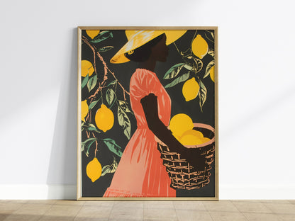 Woman Carries Lemons Poster | Yellow and Coral Screen Print Art Print | Kitchen Wall Art — framed print on the wall