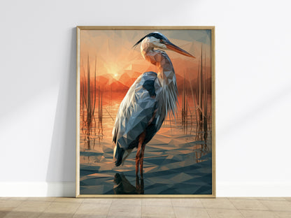 Heron Guards Dusk Poster | Slate and Burnt Low Poly Art Print | Minimalist Wall Art — framed print on the wall