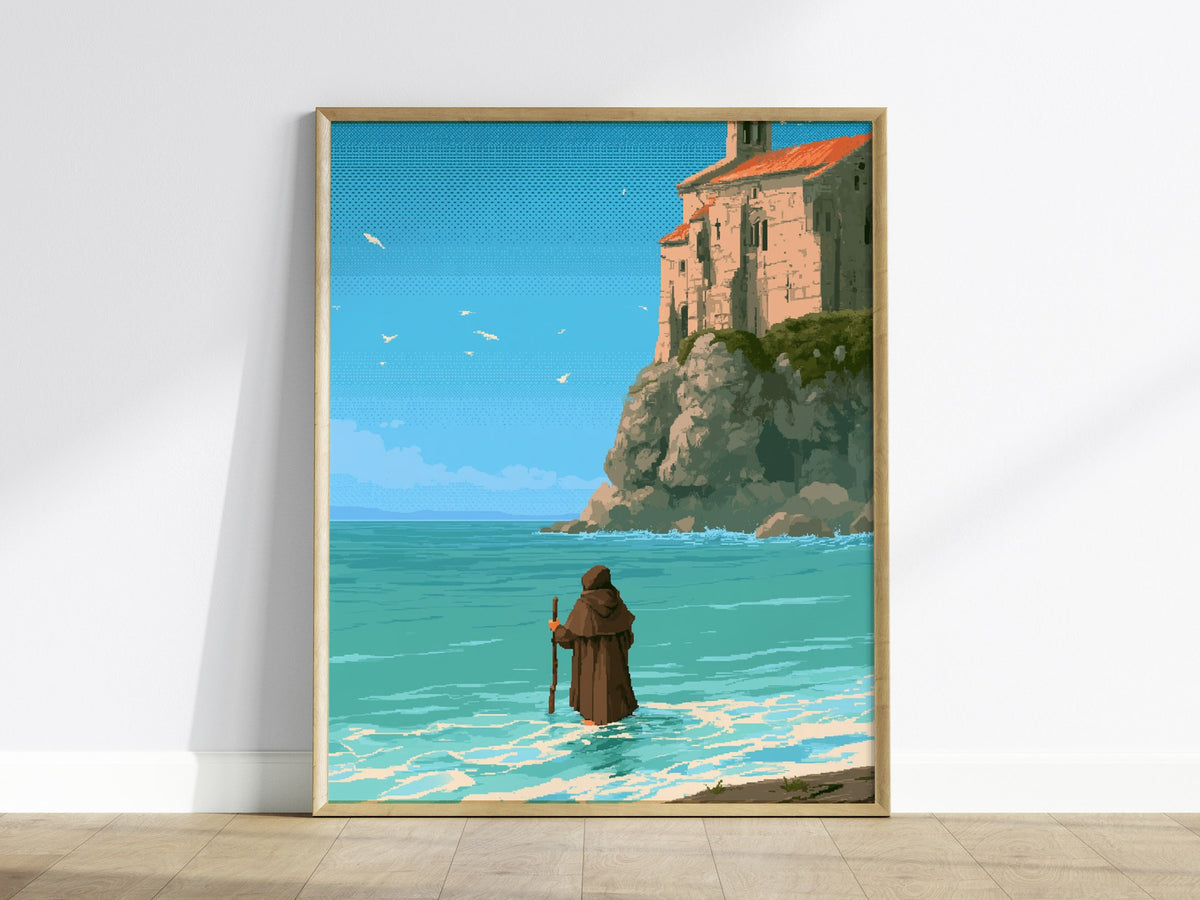 Pilgrim Touches Shore Poster | Turquoise and Earth Pixel Art Print | Retro Gaming Wall Art — framed print on the wall