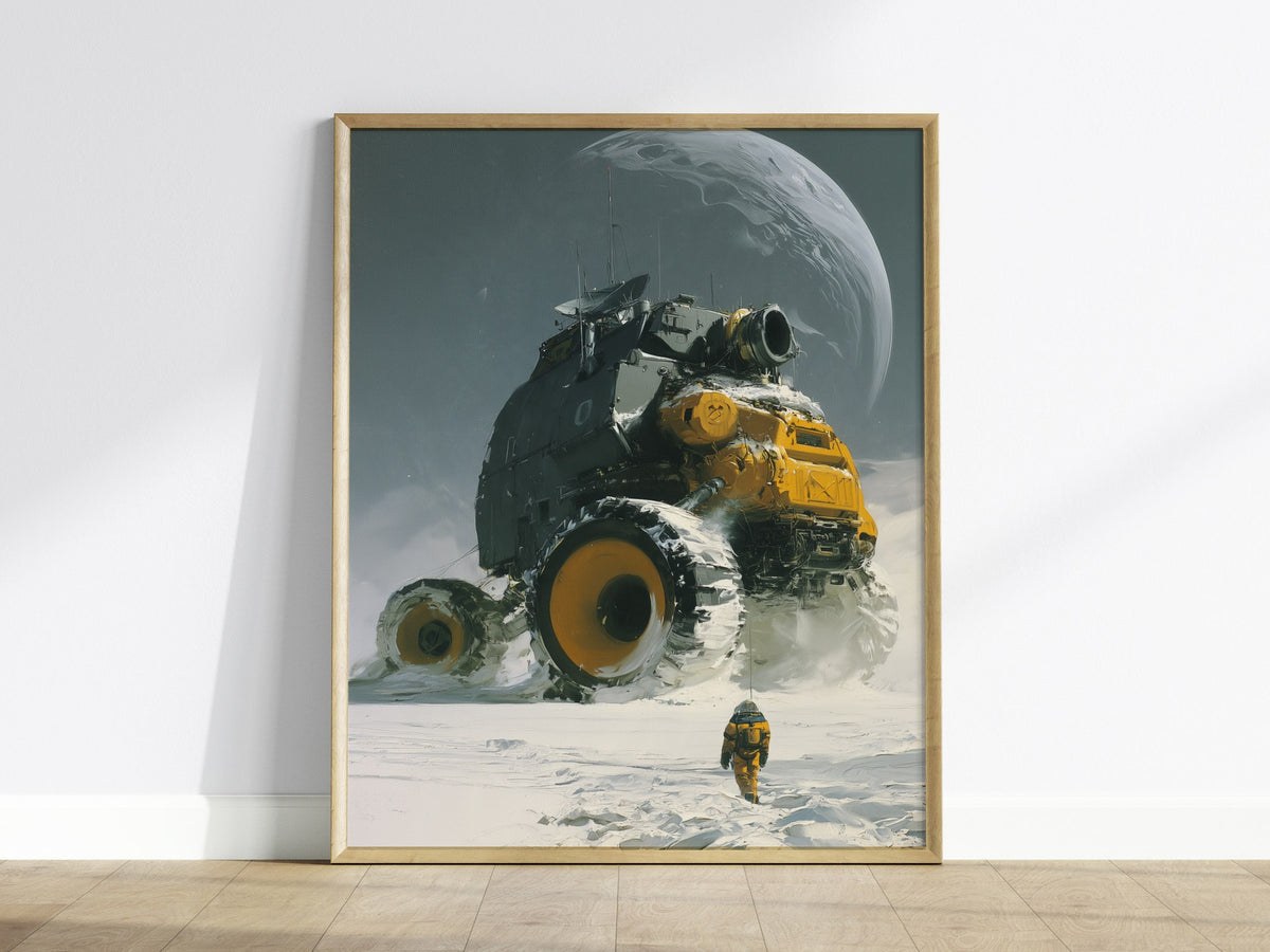 Rover Dwarfs Explorer Poster | Gray and Yellow Oil Painting Art Print | Sci-Fi Wall Art — framed print on the wall