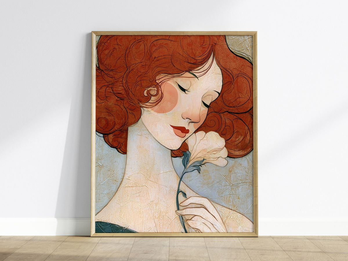 Woman Holds Flower Poster | Coral and Cream Illustrative Art Print | Art Deco Wall Art — framed print on the wall