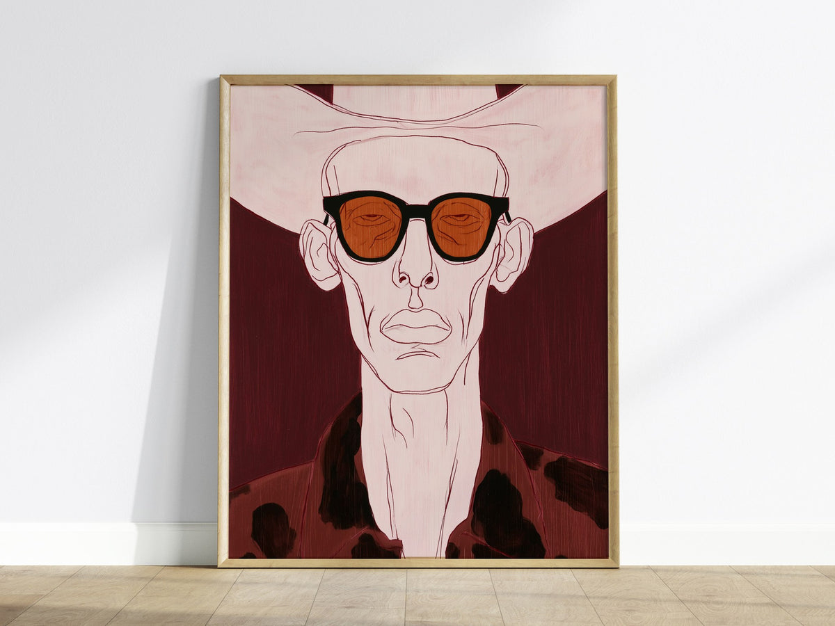 Cowboy Behind Shades Poster | Burgundy Red Illustrative Art Print | Western Gothic Wall Art — framed print on the wall