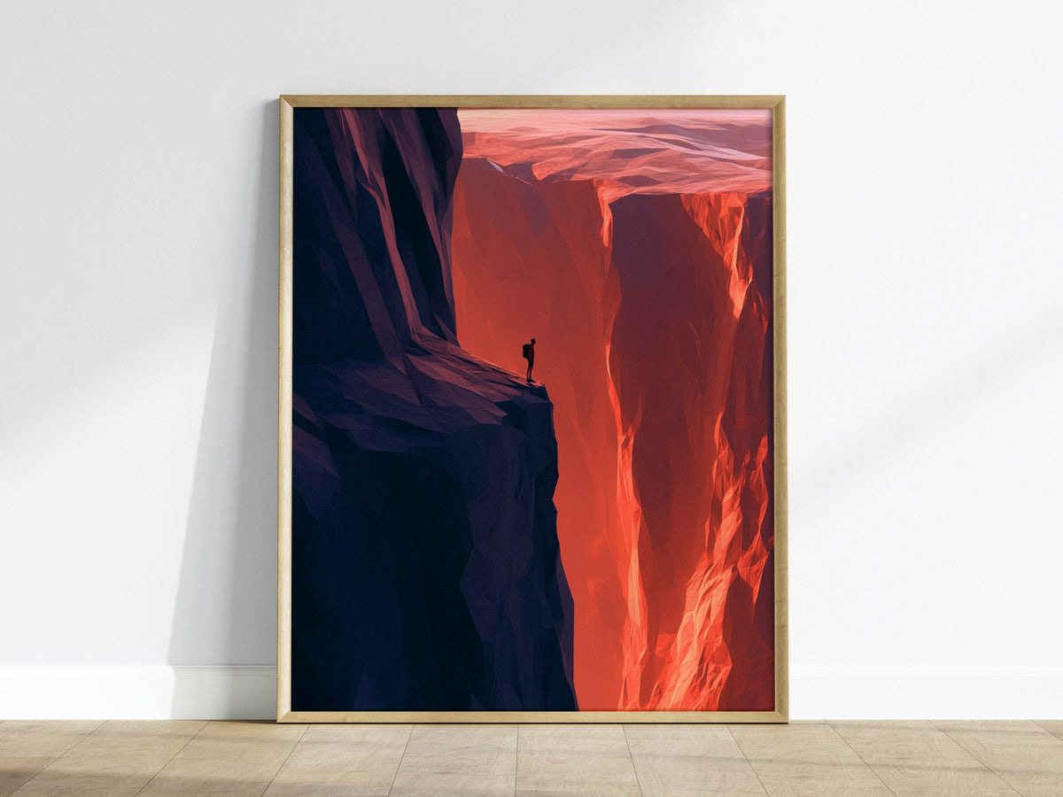 Hiker Finds the Edge Poster | Rust and Purple Low Poly Art Print | Hikers Wall Art — framed print on the wall