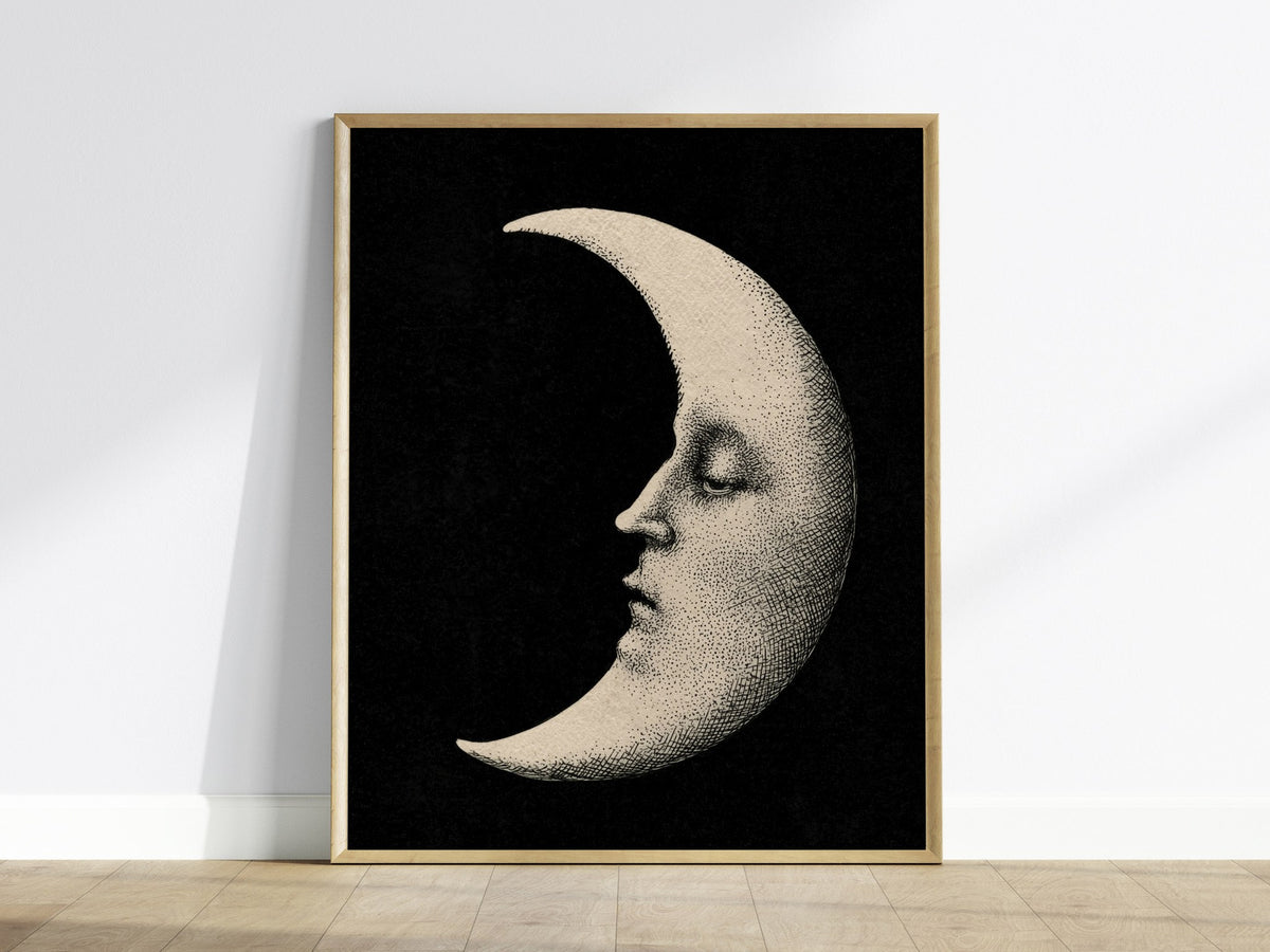 Manuscript Moon Poster | Black and Cream Pen and Ink Art Print | Dark Academia Wall Art — framed print on the wall