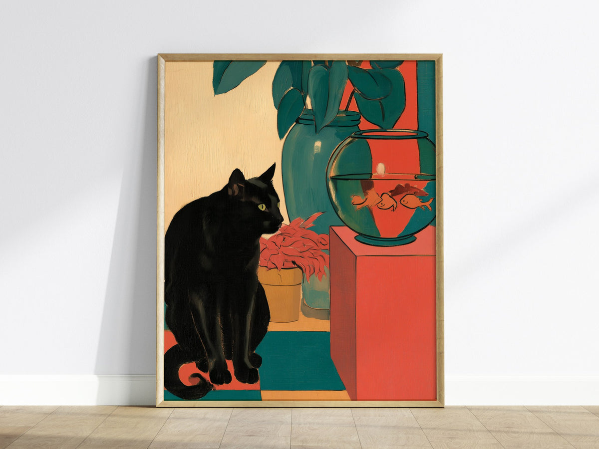 cat-and-goldfish Poster | Coral and Teal Matisse Style Art Print | Modern Home Wall Art — framed print on the wall