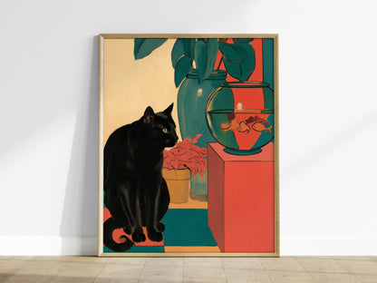 cat-and-goldfish Poster | Coral and Teal Matisse Style Art Print | Modern Home Wall Art — framed print on the wall