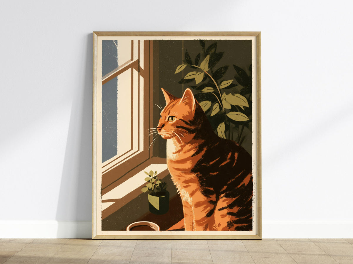 Cat Watches Morning Poster | Warm Ochre Illustrative Art Print | Cat Lover Wall Art — framed print on the wall