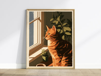 Cat Watches Morning Poster | Warm Ochre Illustrative Art Print | Cat Lover Wall Art — framed print on the wall