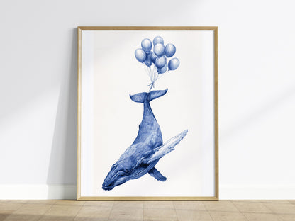 Whale Lifted Away Poster | Black and White Pen and Ink Art Print | Dark Fantasy Wall Art — framed print on the wall