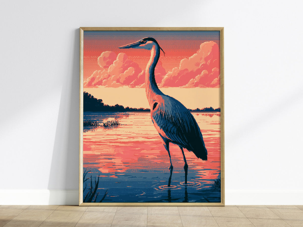 Heron Walks Dusk Poster | Coral and Slate Pixel Art Print | Retro Gaming Wall Art — framed print on the wall