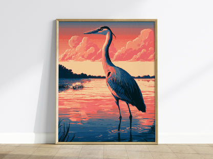 Heron Walks Dusk Poster | Coral and Slate Pixel Art Print | Retro Gaming Wall Art — framed print on the wall