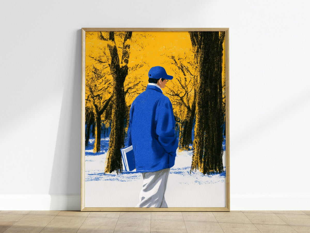 Reader Walks Blue Poster | Cobalt and Green Illustrative Art Print | Book Lovers Wall Art — framed print on the wall