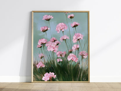Thrift Blooms Sage Poster | Pink and Sage Oil Painting Art Print | Cottagecore Wall Art — framed print on the wall
