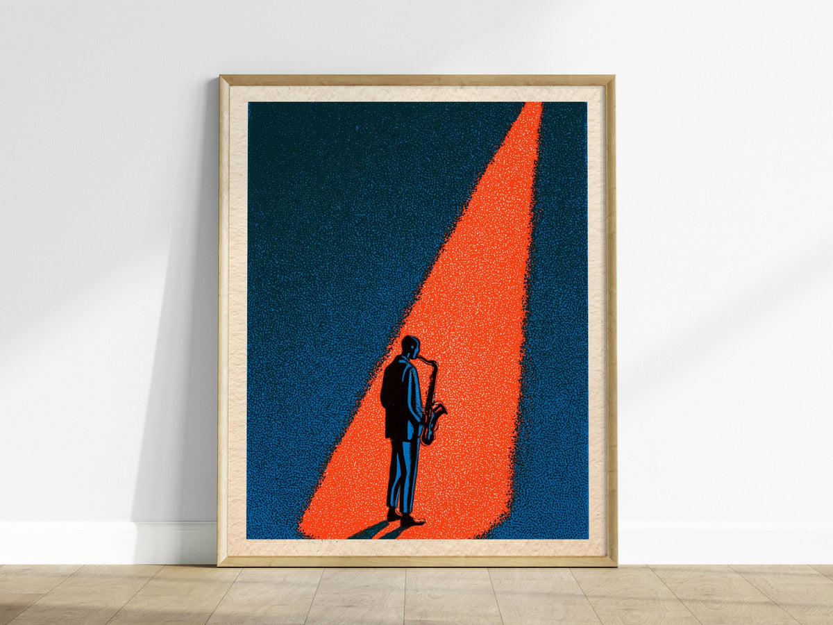 Spotlight Finds Him Poster | Teal and Coral Screen Print Art Print | Jazz Lover Wall Art — framed print on the wall