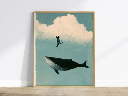 Cloud Fishing Poster | Blue and Cream Illustrative Art Print | Kids Room Wall Art — framed print on the wall