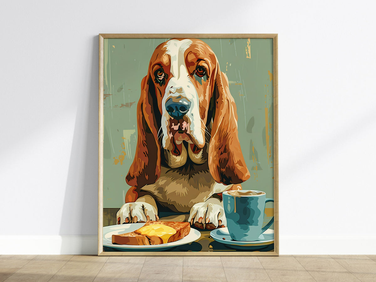 Hound Waits for Toast Poster | Tan and Cobalt Illustrative Art Print | Kitchen Wall Art — framed print on the wall