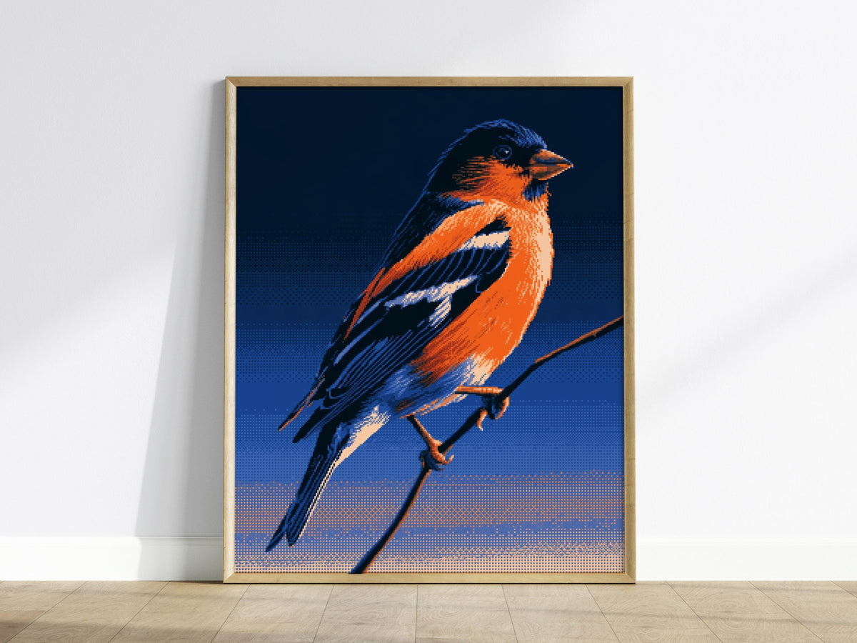 Bullfinch Burning Blue Poster | Navy and Orange Pixel Art Print | Retro Gaming Wall Art — framed print on the wall