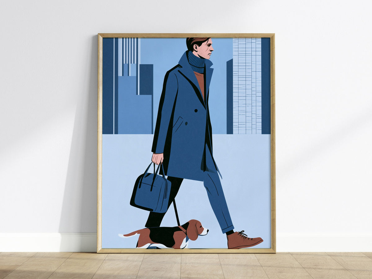 Man Walks Spring Poster | Coral and Pink Illustrative Art Print | Fashion Modern Wall Art — framed print on the wall