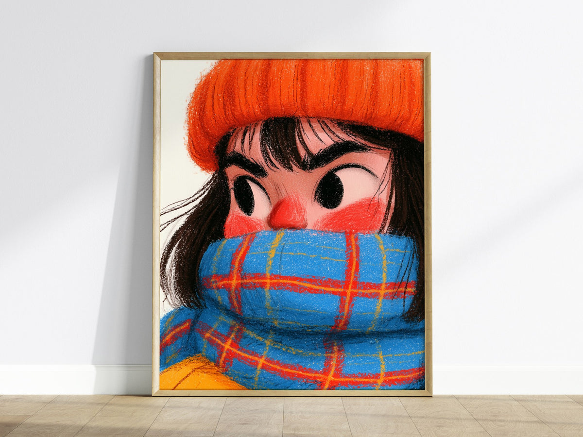 Girl Bundles Up Poster | Orange and Blue Illustrative Art Print | Kids Room Wall Art — framed print on the wall