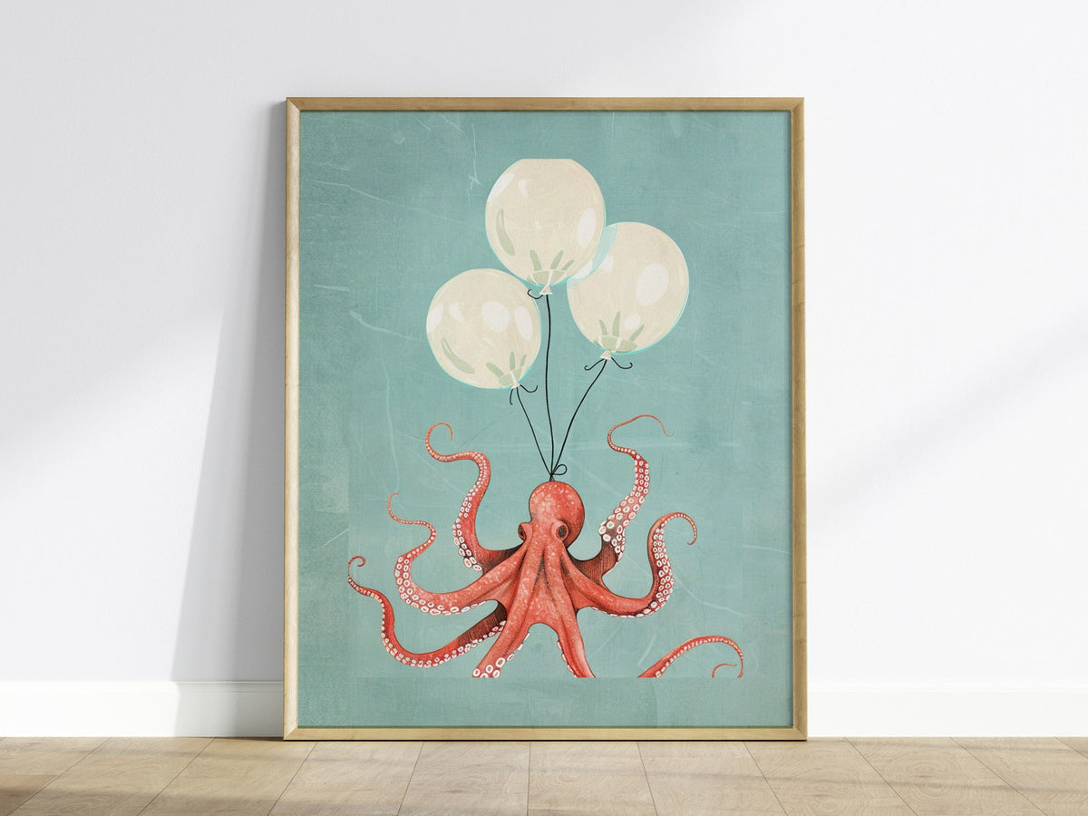 Balloon Octopus Poster | Coral and Teal Illustrative Art Print | Surrealist Wall Art — framed print on the wall
