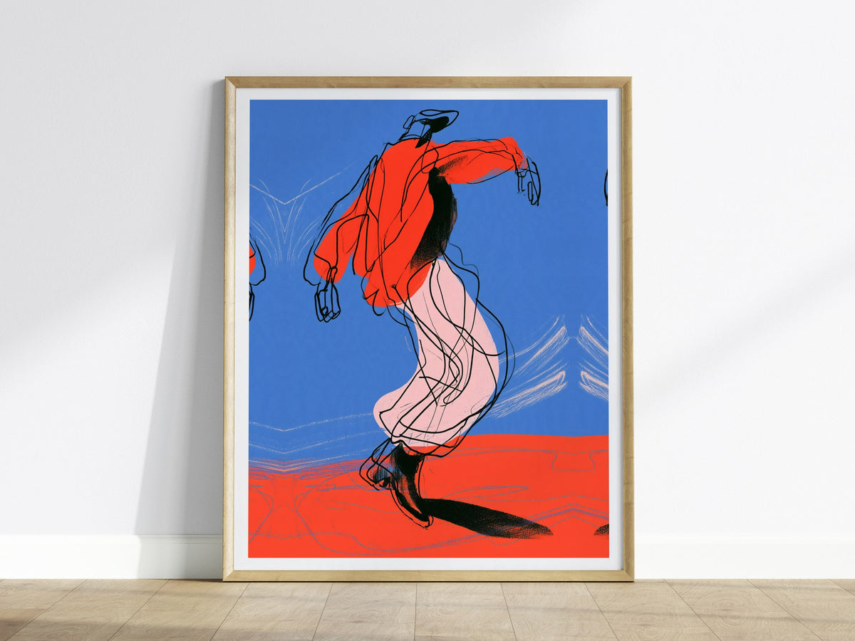 Dancer Kicks Blue Poster | Blue and Red Illustrative Art Print | Dance Wall Art — framed print on the wall