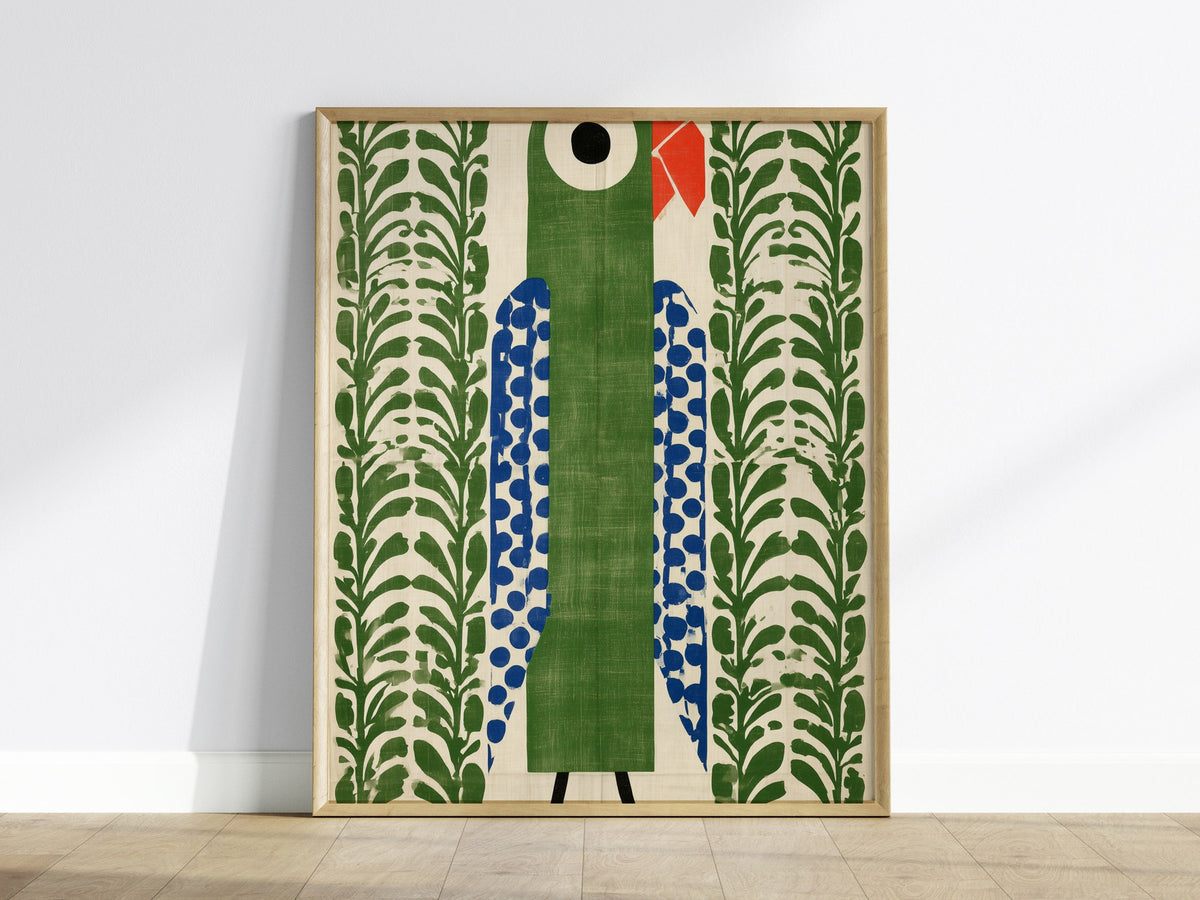 parrot-in-green Poster | Emerald and Jade Flat Design Art Print | Modern Minimal Wall Art — framed print on the wall