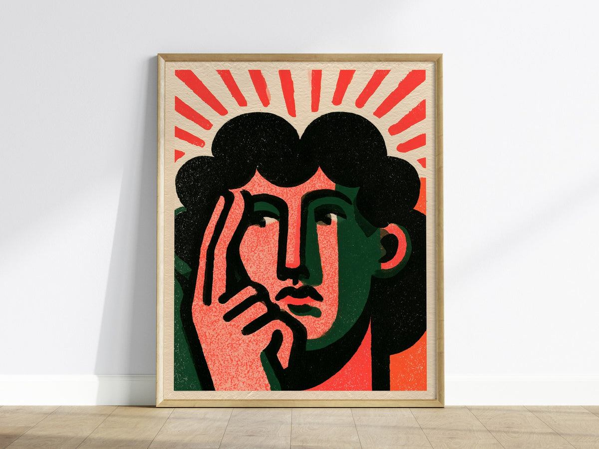Thinker Touches Temple Poster | Coral and Green Screen Print Art Print | Modernist Wall Art — framed print on the wall