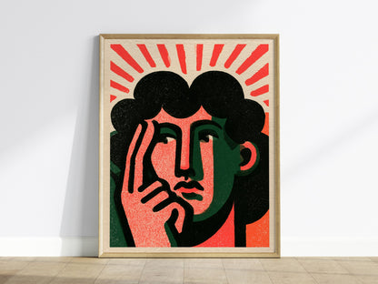Thinker Touches Temple Poster | Coral and Green Screen Print Art Print | Modernist Wall Art — framed print on the wall