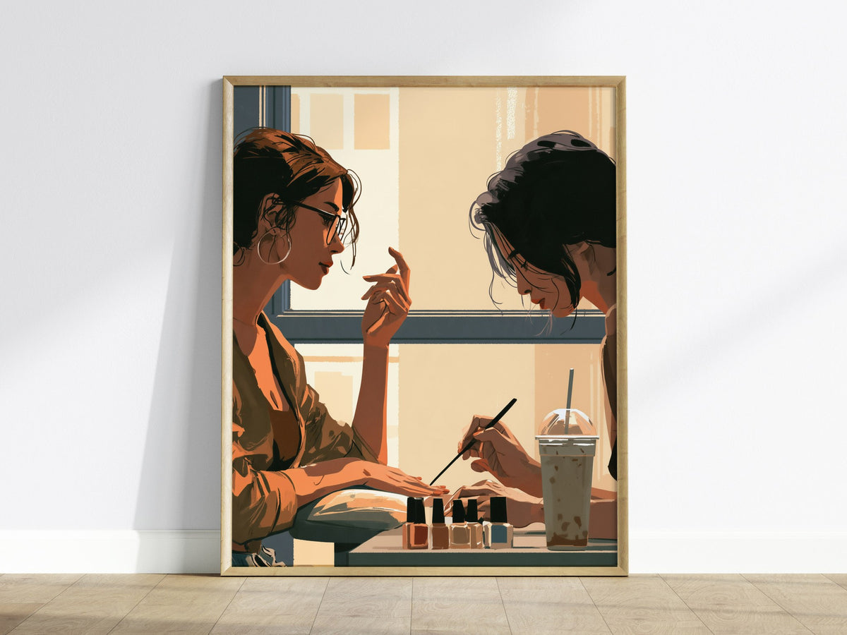 Nail Polish Afternoon Poster | Blue and Coral Illustrative Art Print | Nail Salon Wall Art — framed print on the wall