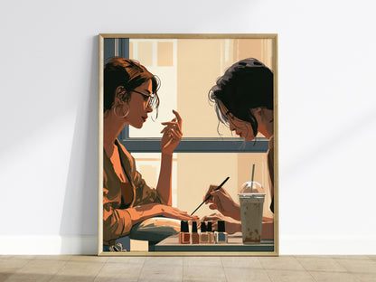 Nail Polish Afternoon Poster | Blue and Coral Illustrative Art Print | Nail Salon Wall Art — framed print on the wall