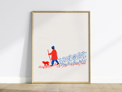 Shepherd Leads Home Poster | Red and Blue Screen Print Art Print | Nursery Wall Art — framed print on the wall