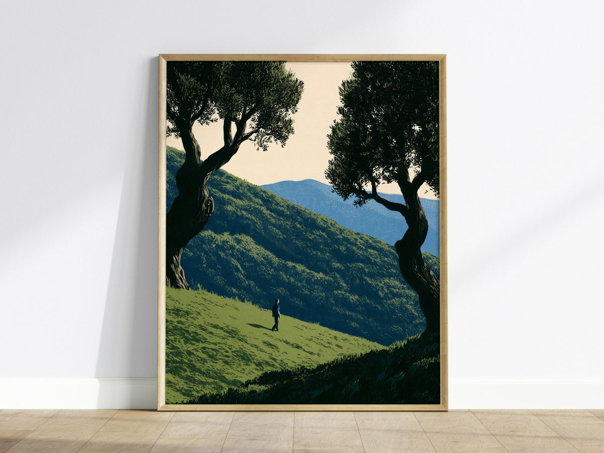 Child Climbs Green Slope Poster | Green and Sage Illustrative Art Print | Kids Room Wall Art — framed print on the wall