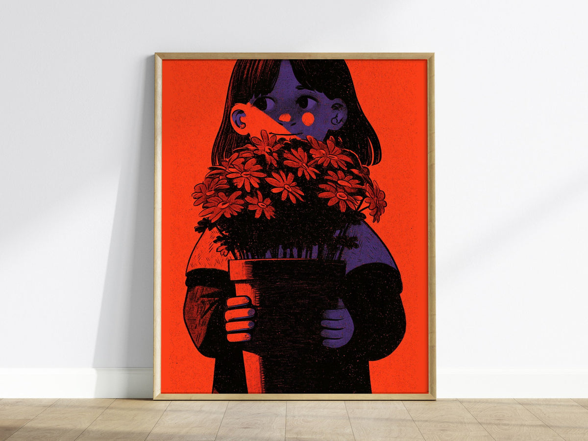 Girl Holds Blooms Poster | Coral and Purple Illustrative Art Print | Kids Room Wall Art — framed print on the wall