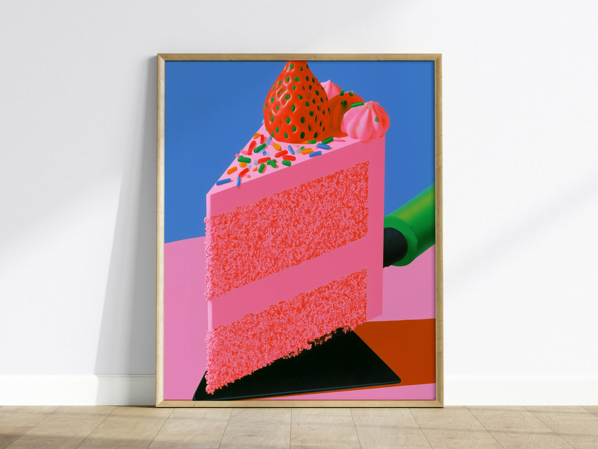 Frosted Layer Cake Poster | Pink and Cobalt Illustrative Art Print | Kitchen Wall Art — framed print on the wall