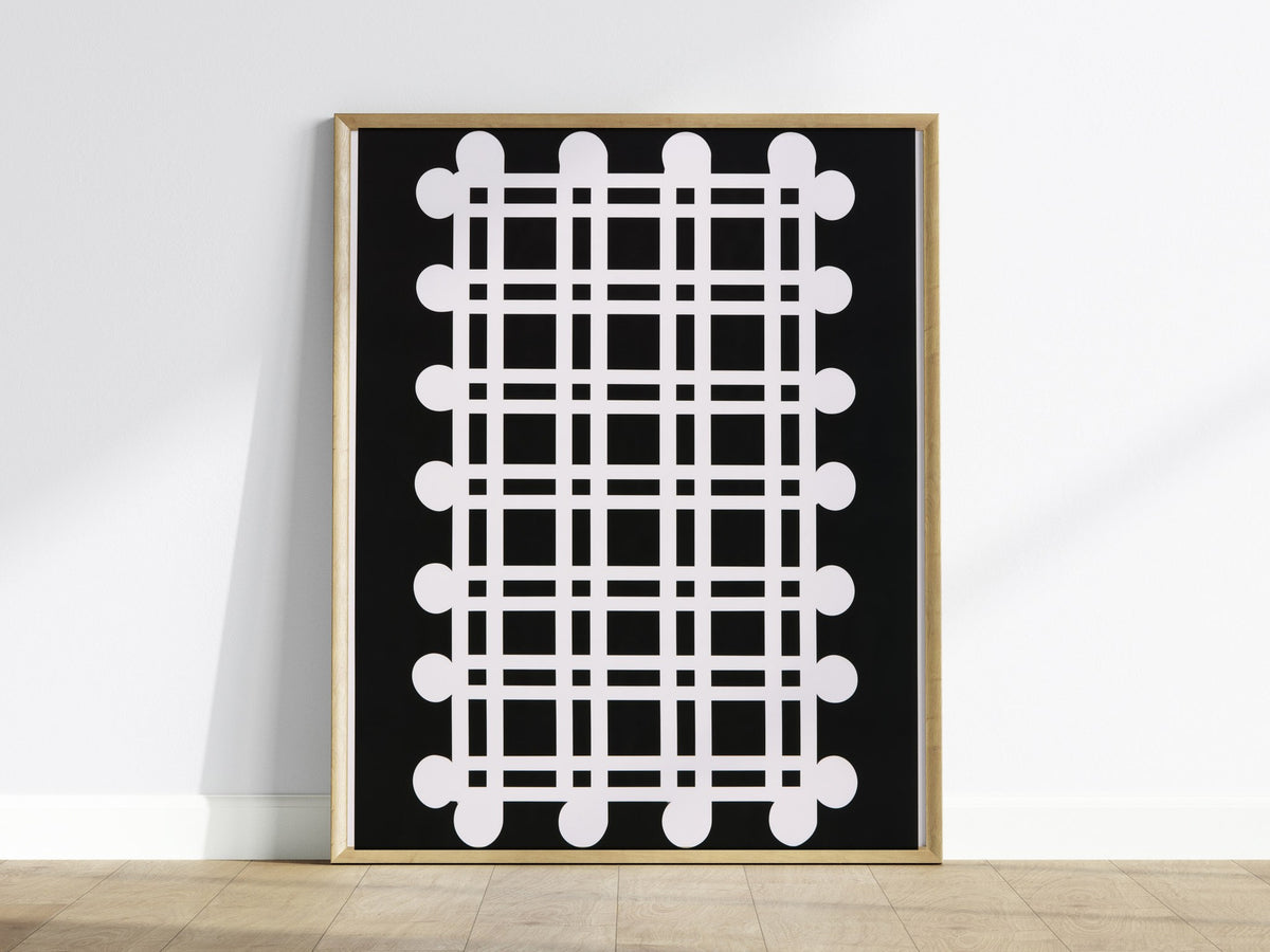 woven-grid Poster | Black and White Minimalism Art Print | Minimalist Wall Art — framed print on the wall