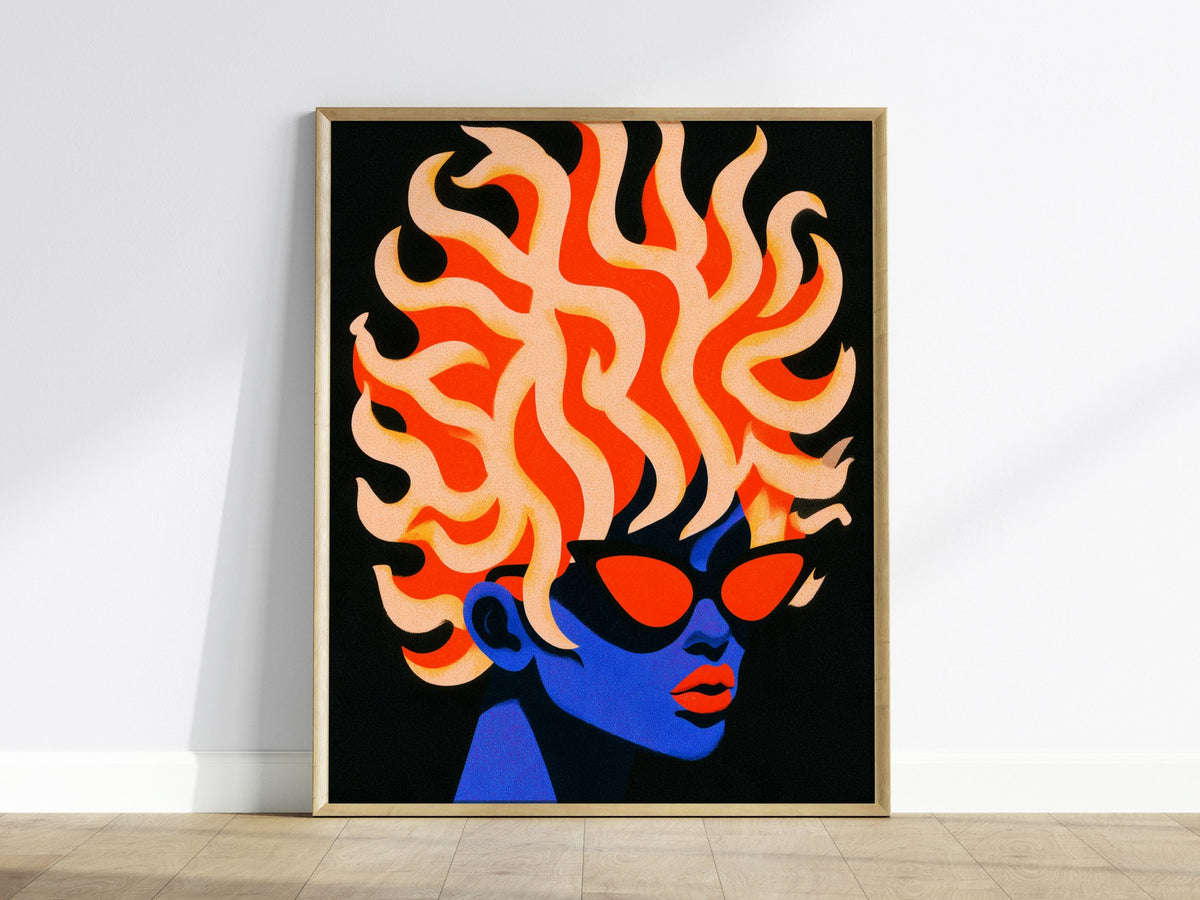 Modern Medusa Poster | Blue and Orange Illustrative Art Print — framed print on the wall