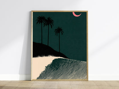 Moon Breaks Wave Poster | Green and Pink Screen Print Art Print | Surf Wall Art — framed print on the wall