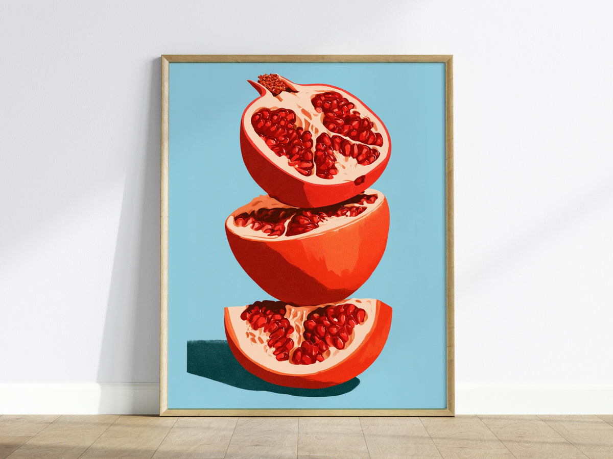 Pomegranate Towers Poster | Navy and Hot Illustrative Art Print | Kitchen Wall Art — framed print on the wall